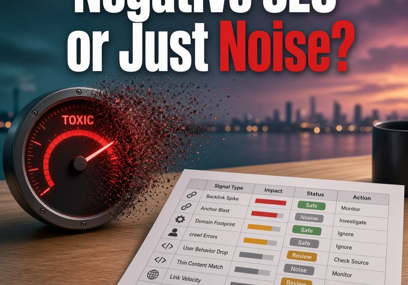 Red toxic-score gauge fading beside a calm labelled backlink spreadsheet on a desk