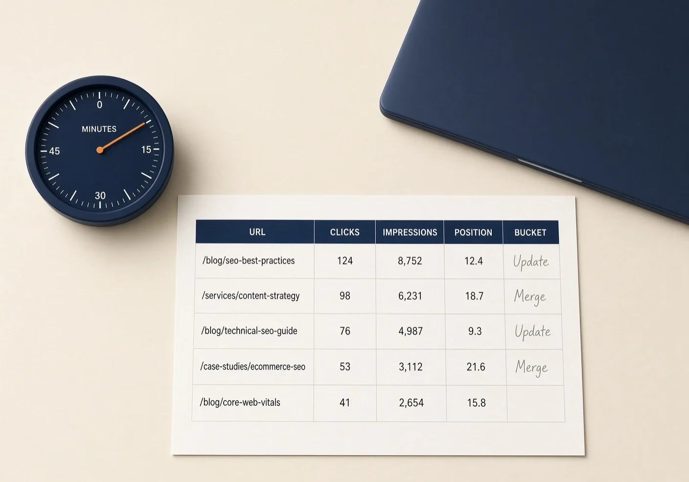 Square desk photo of a cream notebook timed at 90 minutes beside a printed Search Console export with a fifth column headed Bucket.