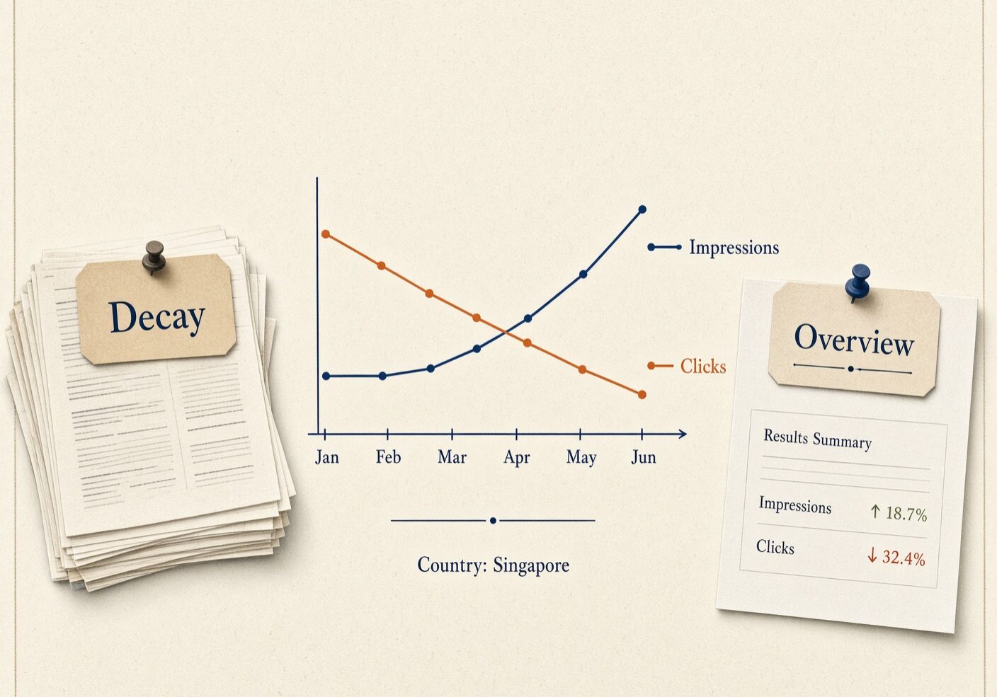 Square illustration of a Search Console-style chart filtered to Singapore: impressions holding while clicks fall, with two labels — Decay and Overview.