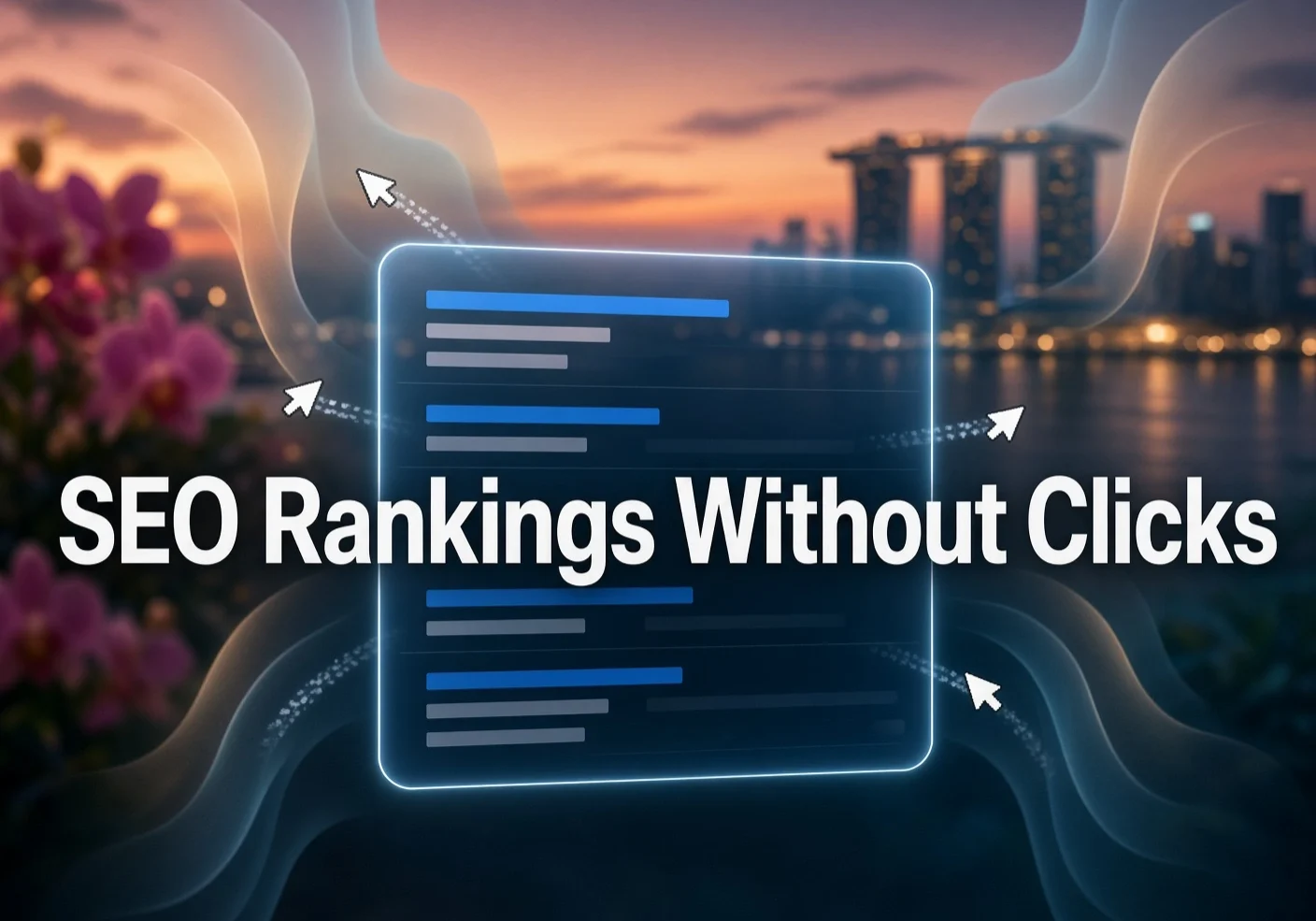 Featured image with the title SEO Rankings Without Clicks over a glowing search panel and missed click cursors